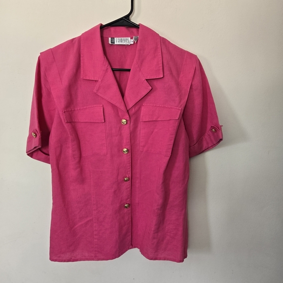 Sk & Company Tops - Bright Pink Gold Crown Button Blouse 80s Vintage Ramie Cotton Blend. Cuff Sleeve